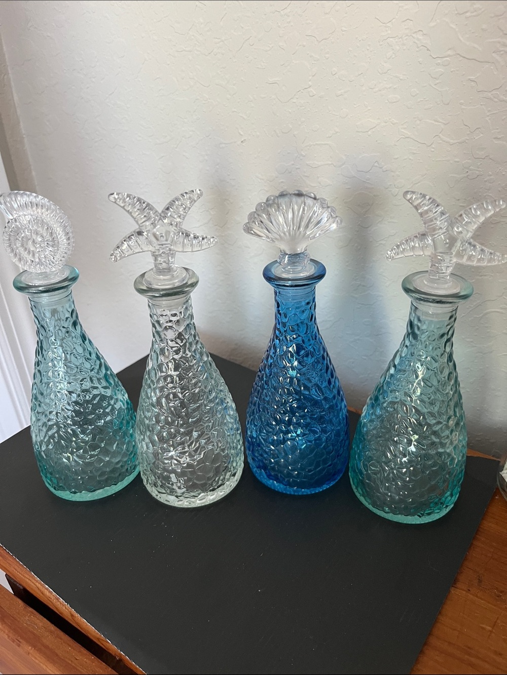 Textured Sea Glass Bottle /Vases with Coastal Stoppers- Blue/Turquoise Set 4